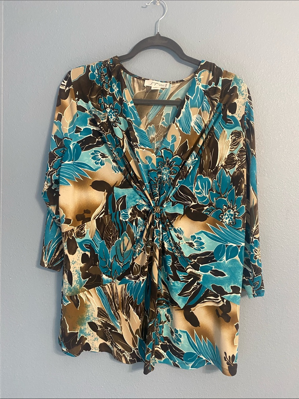 Twist-Front Floral Blouse in Teal and Brown